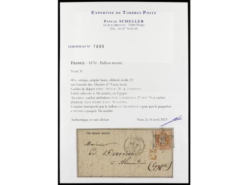 ✉ FRANCIA. 1870. ALEXANDRIA. EGYPT LINE. Letter Gazette des 
