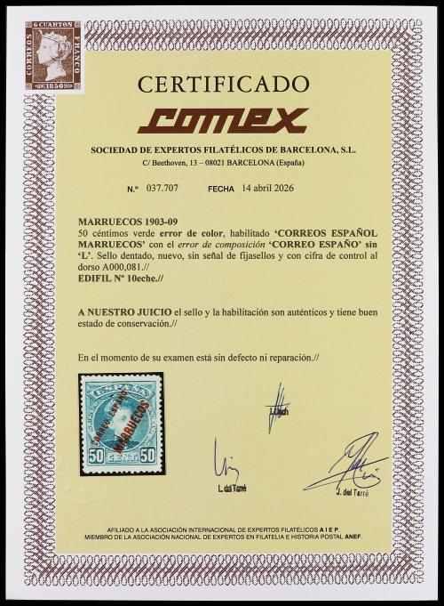 ** COLONIAS ESPAÑOLAS: MARRUECOS. Ed. 10eche. 50 cts. verde