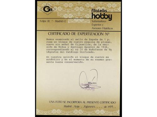 ** ESPAÑA. Ed. 20 (4). HUÉRFANOS DE TELÉGRAFOS. 1 pta. rosa.
