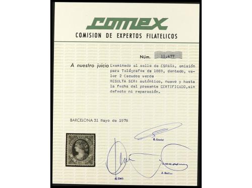 * ESPAÑA: TELEGRAFOS. Ed. 29. 2 escudos verde. Muy bien cent