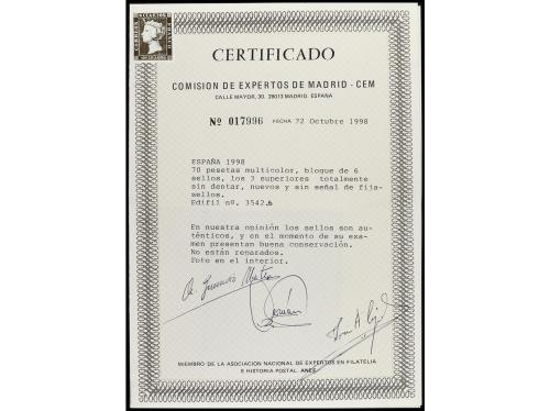 ** ESPAÑA. Ed. 3572s (3) + 3542dw (3). EUROPA 1998. 70 pts. 