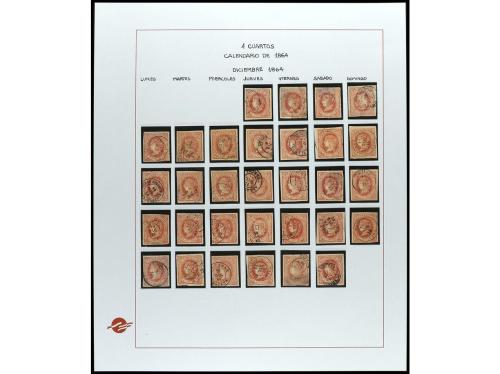 ° ESPAÑA. Ed. 64. 1864. 4 cuartos rojo sobre salmón. Conjunt