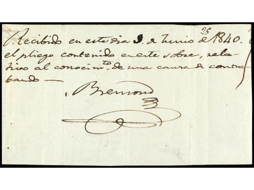 ✉ ESPAÑA: PREFILATELIA. 1840. Frontal con "recibí" al dorso,