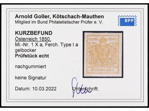 (*) AUSTRIA. Yv. 1 (A), Mi. 1X. 1 k. amarillo. Papel a mano.