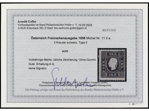 (*) AUSTRIA. Yv. 12, Mi. 11 II. 3 k. negro. Centrado habitua