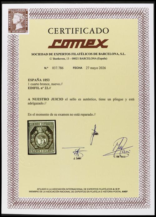 * ESPAÑA. Ed. 22. 1 cuarto bronce. Leve pliegue horizontal. 