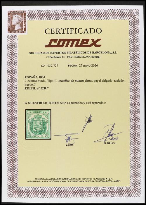 * ESPAÑA. Ed. 32B. 2 cuartos verde, PAPEL BLANCO PUNTAS FINA