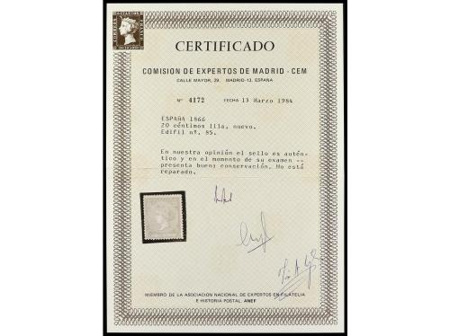 * ESPAÑA. Ed. 85. 20 céntimos violeta. Buen ejemplar. Cert. 