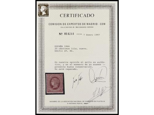 * ESPAÑA. Ed. 86. 20 céntimos lila. Buen ejemplar. Cert. CEM