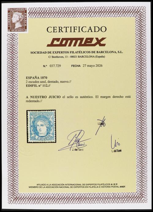 (*) ESPAÑA. Ed. 112. 2 escudos azul. Color intenso y bien ce