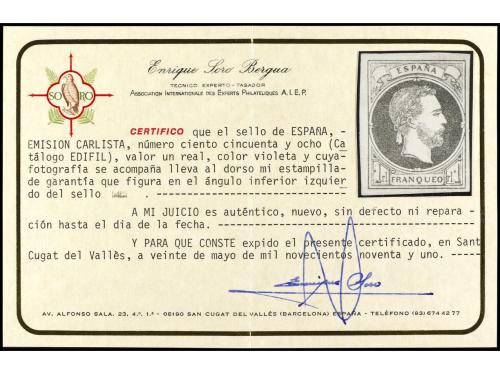 * ESPAÑA. Ed. 156, (*) 158. 1 real azul, pliegue horizontal 