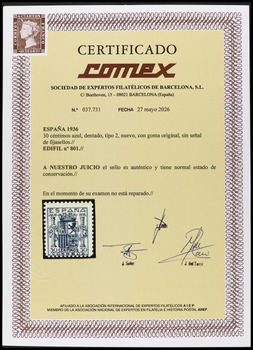 ** ESPAÑA. Ed. 801. 30 cts. azul. Buen ejemplar. Cert. COMEX