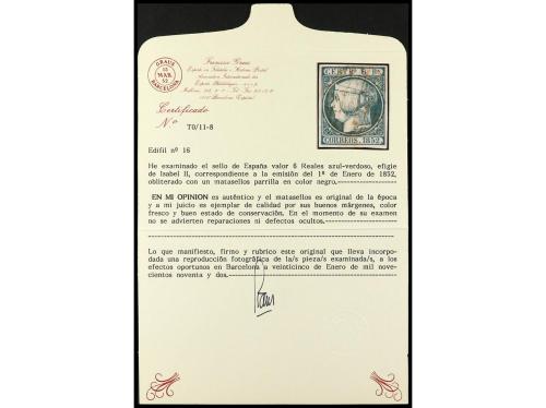 º ESPAÑA. Ed. 16. 6 reales verde azul, mat. PARRILLA ROJA. M