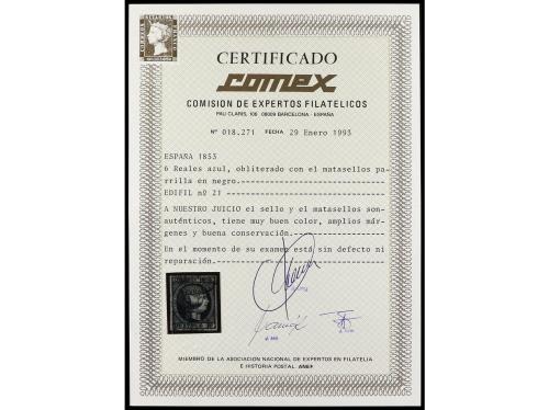º ESPAÑA. Ed. 21. 6 reales azul. Magnífico ejemplar. Cert. C