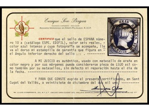º ESPAÑA. Ed. 10. 6 reales azul. Grandes márgenes y matasell