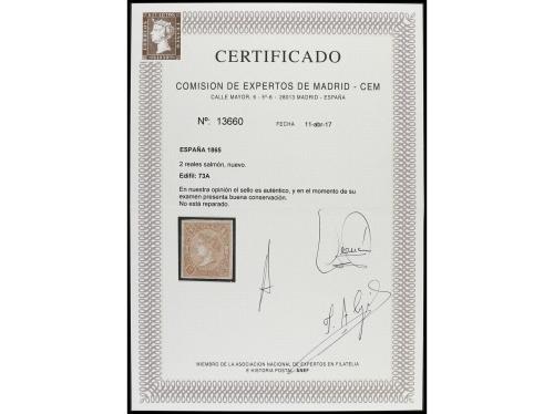 * ESPAÑA. Ed. 73A. 2 reales salmón. PIEZA DE LUJO. Cert. CEM