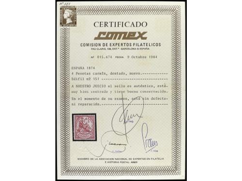 * ESPAÑA. Ed. 151. 4 pesetas carmín. PIEZA DE LUJO. Cert. CO