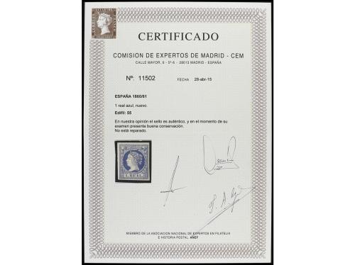 * ESPAÑA. Ed. 55. 1 real azul. PIEZA DE LUJO. Cert. CEM. Cat