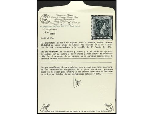 * ESPAÑA. Ed. 170. 4 pts. verde. Muy bien centrado. Cert. GR