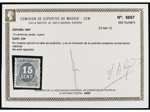 (*) ESPAÑA. Ed. 234. 15 cts. verde. Centrado de LUJO. Muy ra