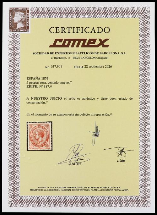 (*) ESPAÑA. Ed. 187. 5 pestas rosa. Muy bien centrado. Cert.