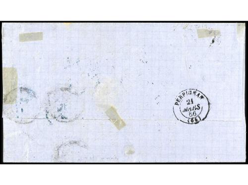 ✉ ESPAÑA. Ed. 82F. 1866. BARCELONA a FRANCIA. 12 cuartos nar