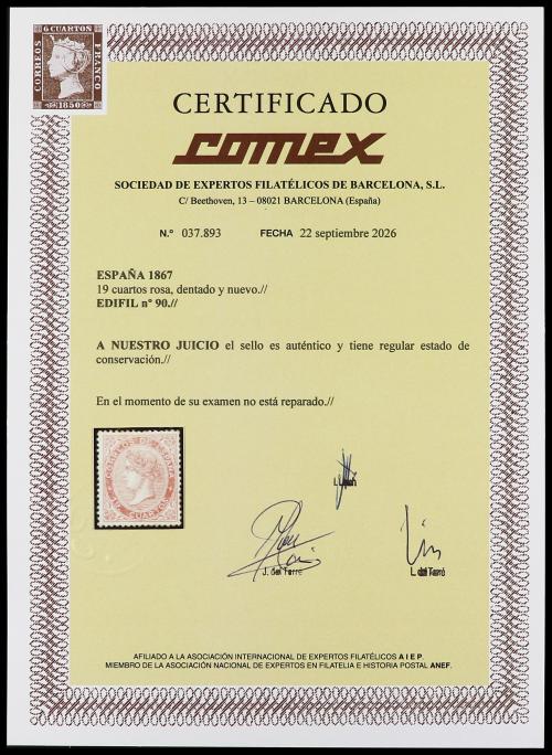 * ESPAÑA. Ed. 90. 19 cuartos rosa. Buen ejemplar. Cert. COME