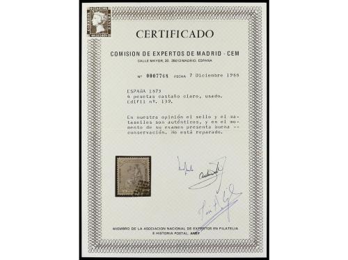 ° ESPAÑA. Ed. 139. 4 pesetas castaño. Bien centrado. Cert. C