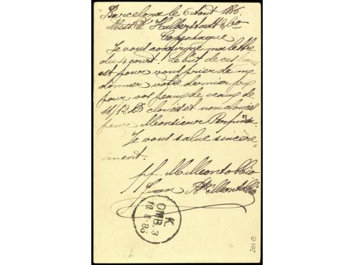 ✉ ESPAÑA. Ed. 201. 1868. BARCELONA a COPENHAGEN. Entero Post