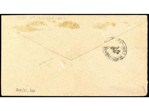 ✉ ESPAÑA. Ed. 202 (2), 203. 1881. CÁDIZ a CUBA. 10 cts. carm