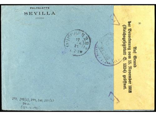 ✉ ESPAÑA. Ed. 297/301. 1921. SEVILLA a ALEMANIA. Carta certi