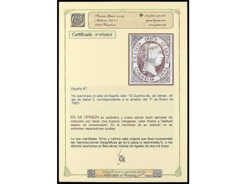 (*) ESPAÑA. Ed. 7. 12 cuartos lila, tres grandes márgenes. M