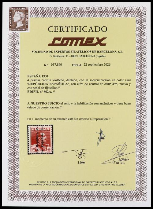 * ESPAÑA. Ed. 602A. 4 pts. carmín violeta, al dorso numeraci