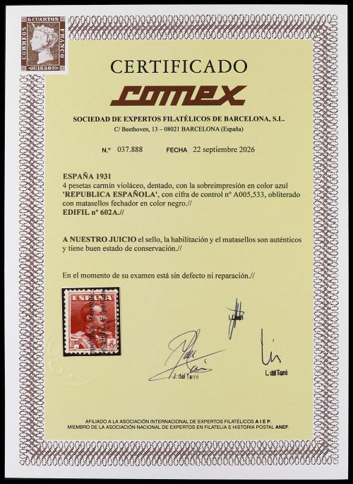 ° ESPAÑA. Ed. 602A. 4 pts. carmín violeta, al dorso numeraci