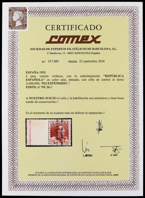 ** ESPAÑA. Ed. NE 26. 4 pts. carmín violáceo. NO EXPENDIDO. 