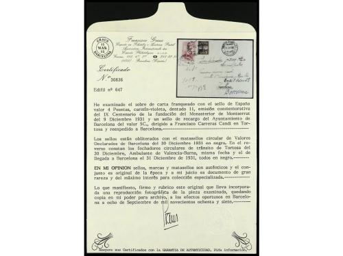 ✉ ESPAÑA. Ed. 647. 1931. BARCELONA a TORTOSA. Valor Declarad