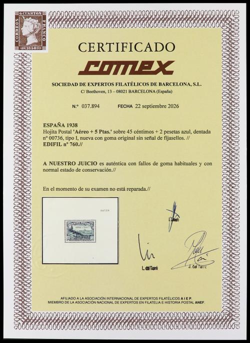 ** ESPAÑA. Ed. 760. HB. Aéreo + 5 pts. Tipo 1. Fallos propio