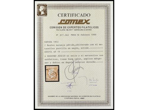 ° ESPAÑA. Ed. 14. 2 reales naranja, mat. parrilla. Amplios m