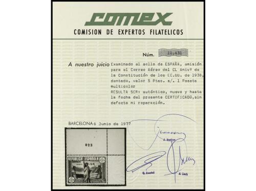 ** ESPAÑA. Ed. 765. Aéreo + 5 pts. multicolor. Esquina de ho