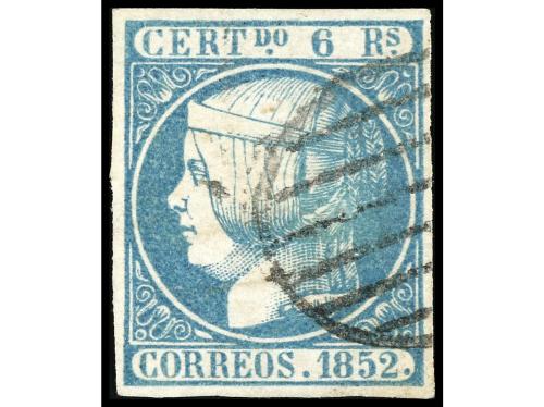 ° ESPAÑA. Ed. 16. 6 reales azul, 2 sellos mat. parrilla. Uno