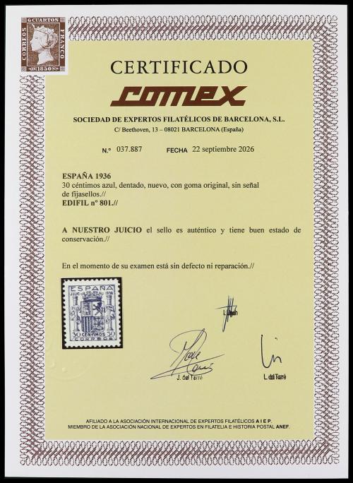 ** ESPAÑA. Ed. 801. 30 cts. azul. EXTRAORDINARIO EJEMPLAR co