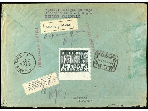 ✉ ESPAÑA. Ed. SH 849. 1938. LUGO a PARÍS. Carta certificada,