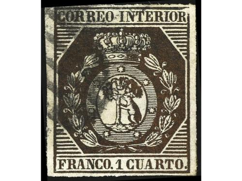 ° ESPAÑA. Ed. 22. 1 cuarto bronce. Tres ejemplares usados y 