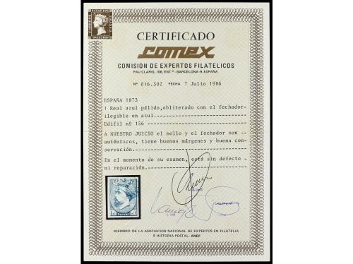 ° ESPAÑA. Ed. 156. 1 real azul claro, mat. fechador. PRECIOS