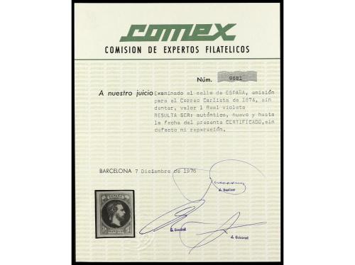 * ESPAÑA. Ed. 158. 1 real violeta. PIEZA DE LUJO. Cert. COME