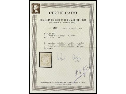 * ESPAÑA. Ed. 159. 1/2 real rosa. LUJO. Cert. CEM . Cat. 175