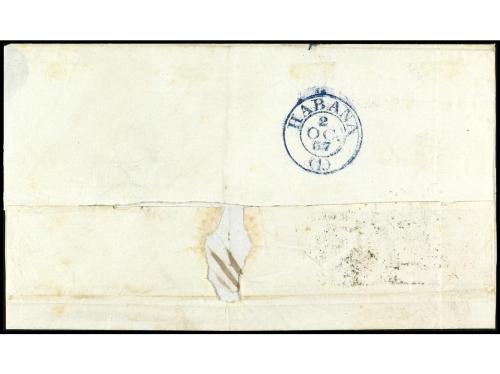 ✉ ESPAÑA. Ed. 45. 1857. BARCELONA a LA HABANA. 1 real azul f