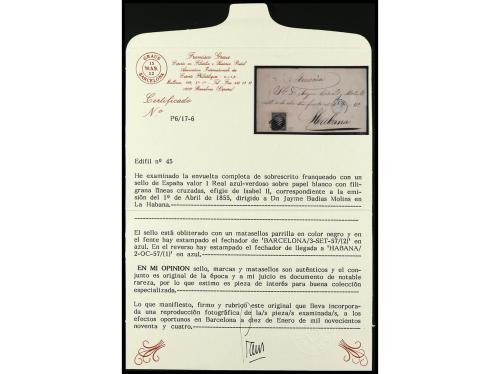 ✉ ESPAÑA. Ed. 45. 1857. BARCELONA a LA HABANA. 1 real azul f