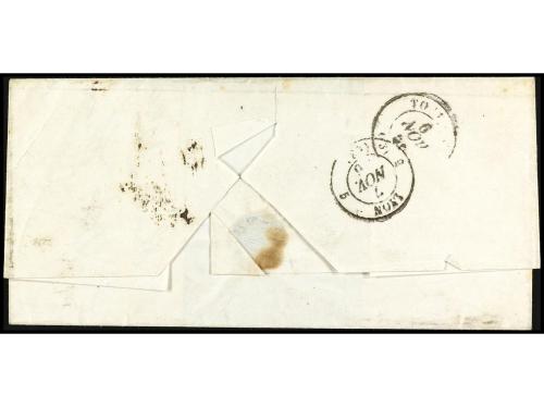 ✉ ESPAÑA. Ed. 48. 1856. SEVILLA a LYON. 4 cuartos rojo. Circ