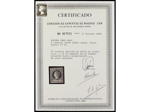 * ESPAÑA. Ed. 51. 2 cuartos verde. PIEZA DE LUJO. Cert. CEM.